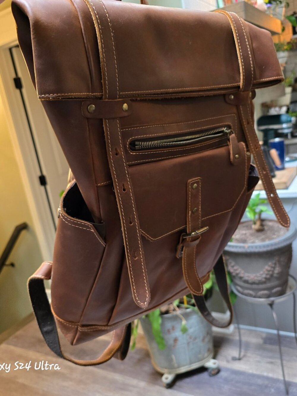 Brown Leather Backpack with Quilted Back - Picture 3 of 8